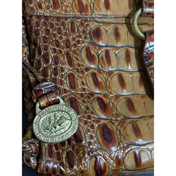 Brahmin Crocodile Embossed Tan Brown Leather Crossbody Bag Double Braided Handle - Picture 6 of 11